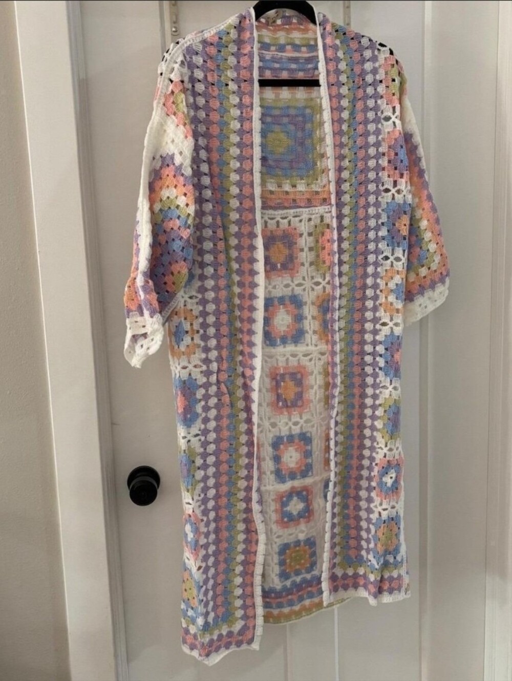 POL NWT Pastel Bohemian White Granny Square Crochet Open-Knit Cardigan Duster S - Picture 5 of 9